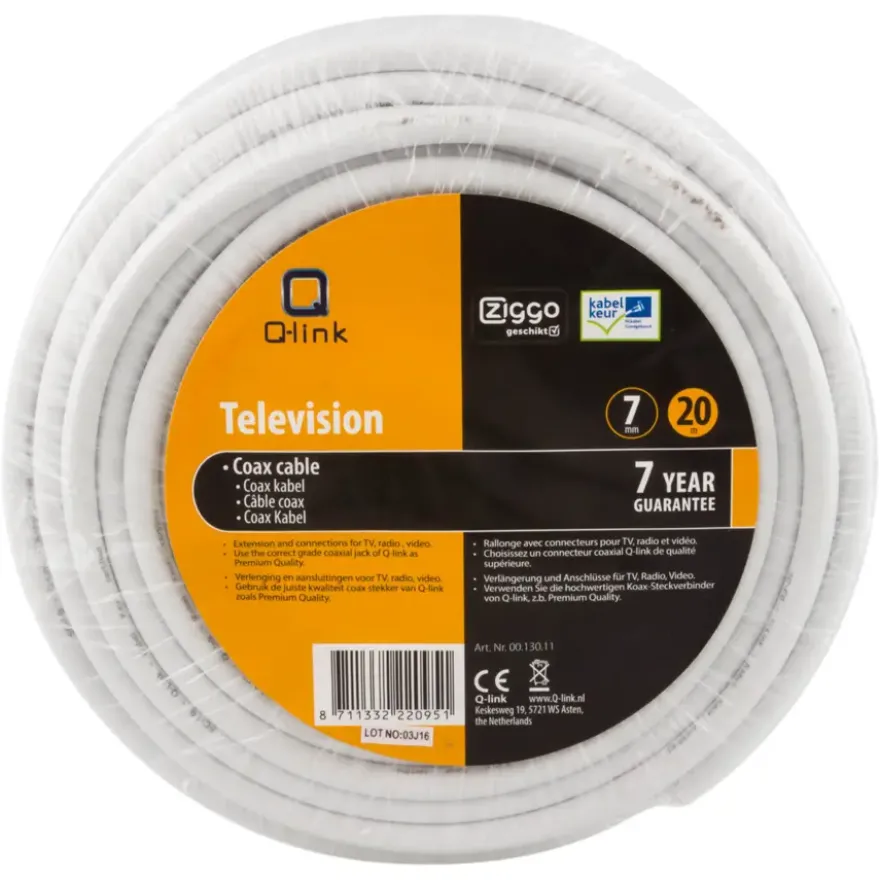 Q-Link coax kabel 20 meter wit kabelkeur