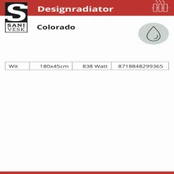 Sanivesk design radiator Colorado wit zij-aansluiting 180 x 40 cm