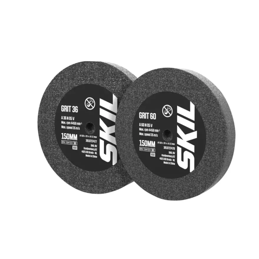 SKIL Slijpschijven 150mm (grit 36, grit 60) voor werkbankslijpmachine 2610S01192 voor o.a. model 1355