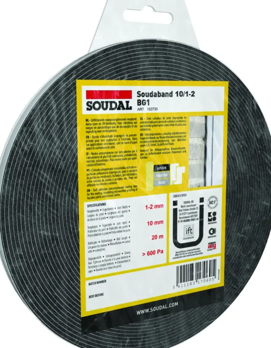 Soudal gecomprimeerde zwelband 1-2mm, 10mm breed en 8m lang