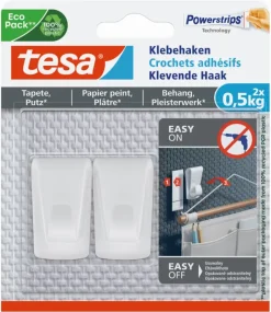 Tesa klevende haak voor behang en pleisterwerk wit 0,5 kg 2 stuks