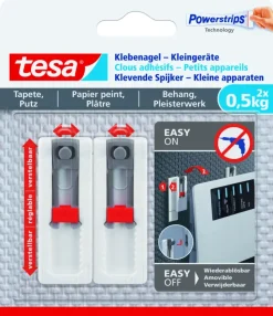 Tesa klevende spijker kleine apparaten voor behang en pleisterwerk verstelbaar wit 0,5 kg 2 stuks