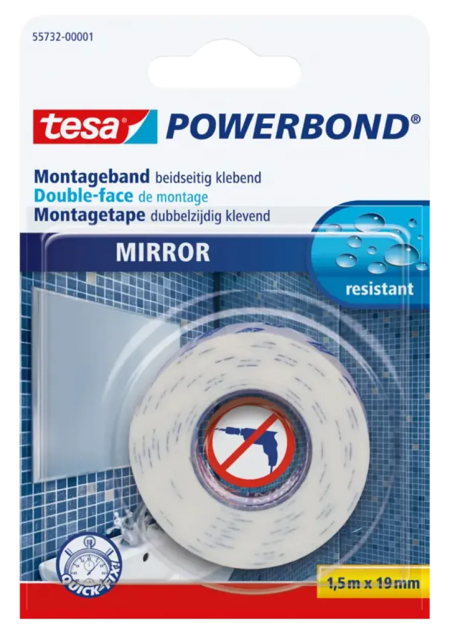 Tesa Powerbond dubbelzijdig montagetape spiegels wit 19 mm x 1,5 m