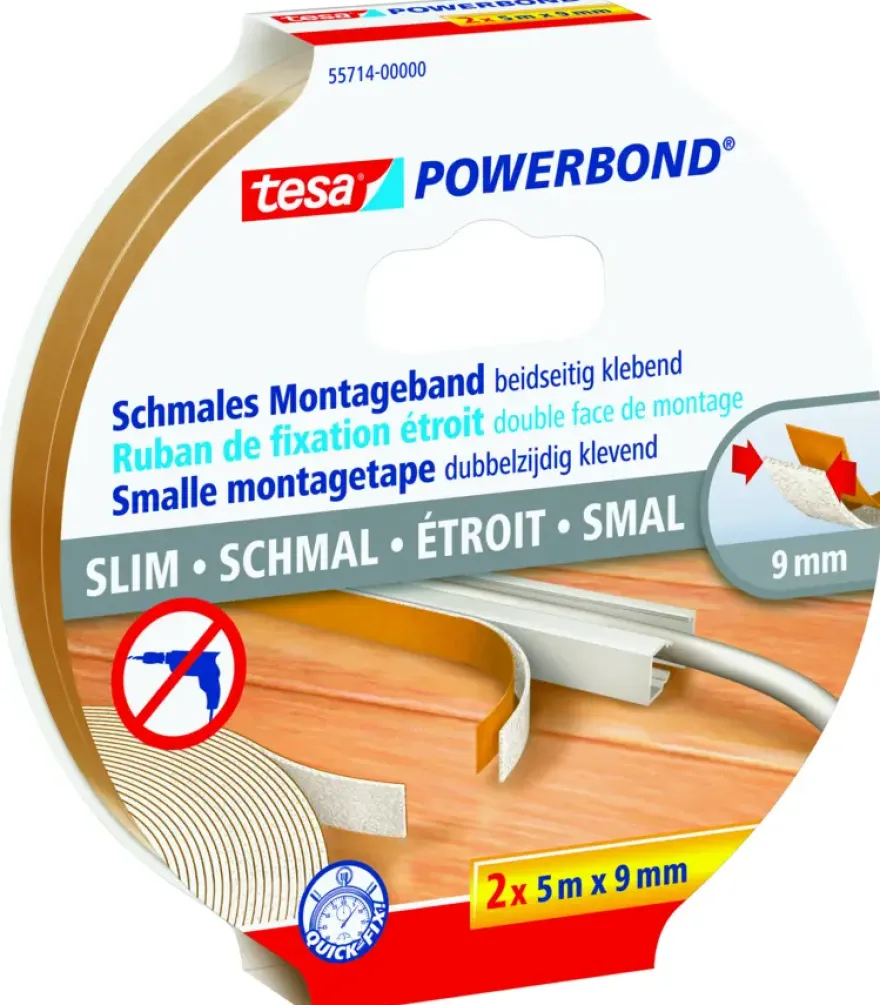 Tesa Powerbond montagetape smal 5 m x 9 mm (2 stuks)