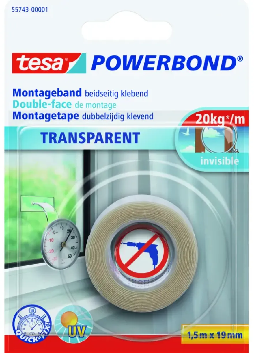Tesa Powerbond montagetape transparant 1,5 m x 19 mm