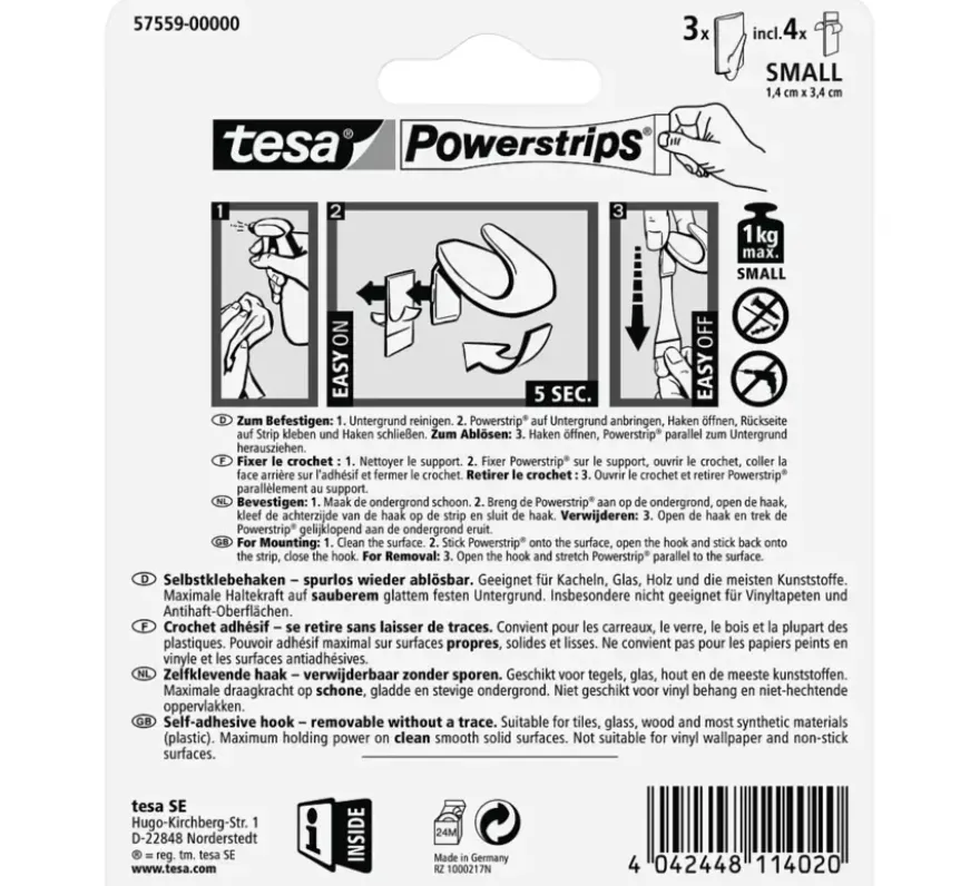 Tesa Powerstrips haak mat chroom rond 3 stuks