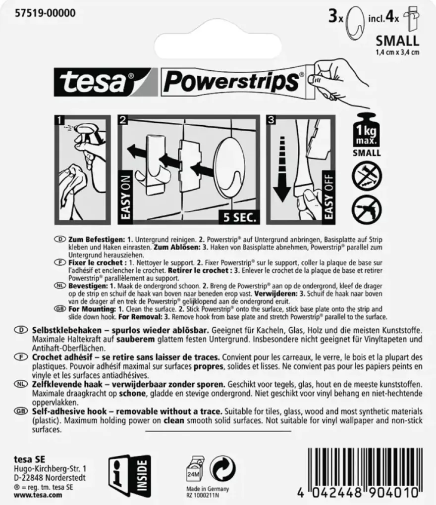 Tesa Powerstrips haak ovaal mat chroom 3 stuks