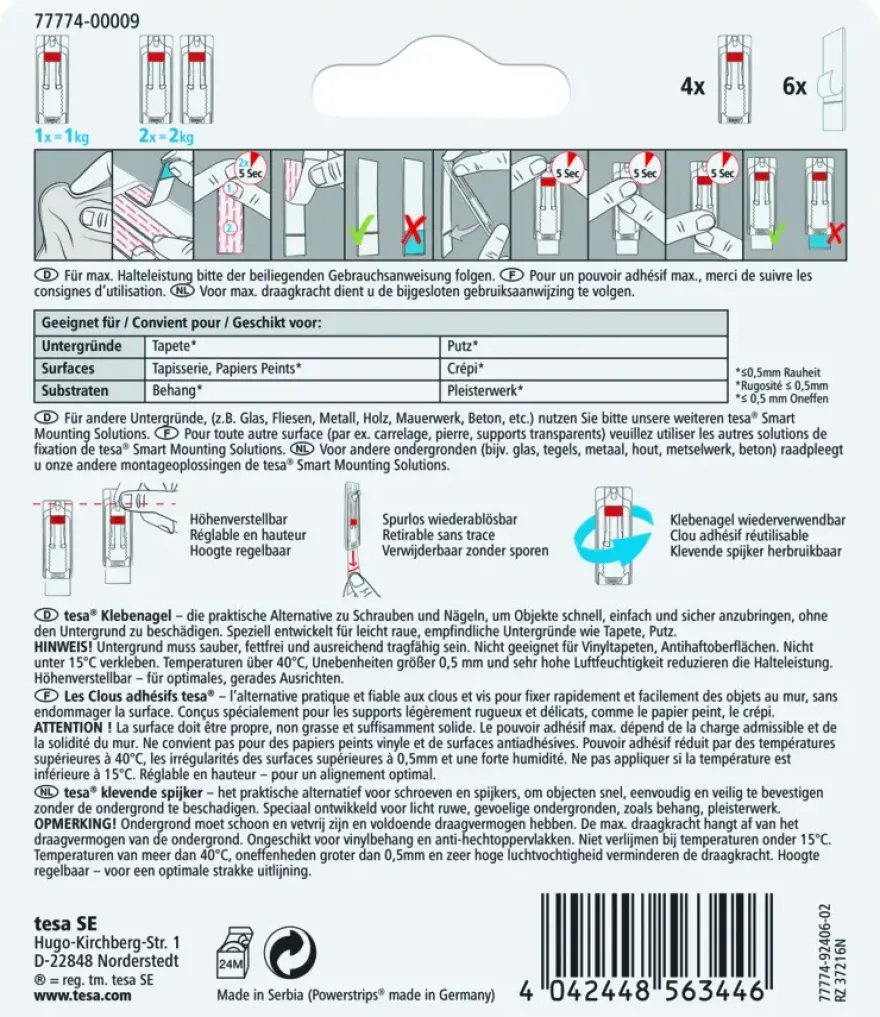 tesa Powerstrips klevende spijker verstelbaar draagkracht 1 kg 4 stuks