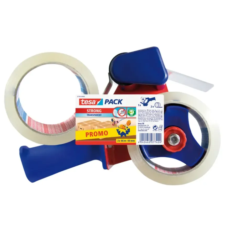Tesa verpakkingstape 2 rollen met afroller 50 mm x 66 m