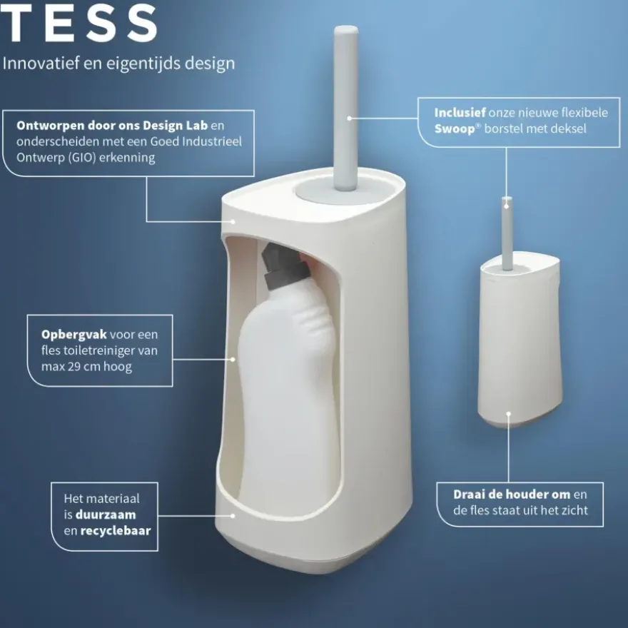 Tiger Toiletborstelhouder TESS met opbergfunctie vrijstaand en Swoop borstel flexibel wit/lichtgrijs